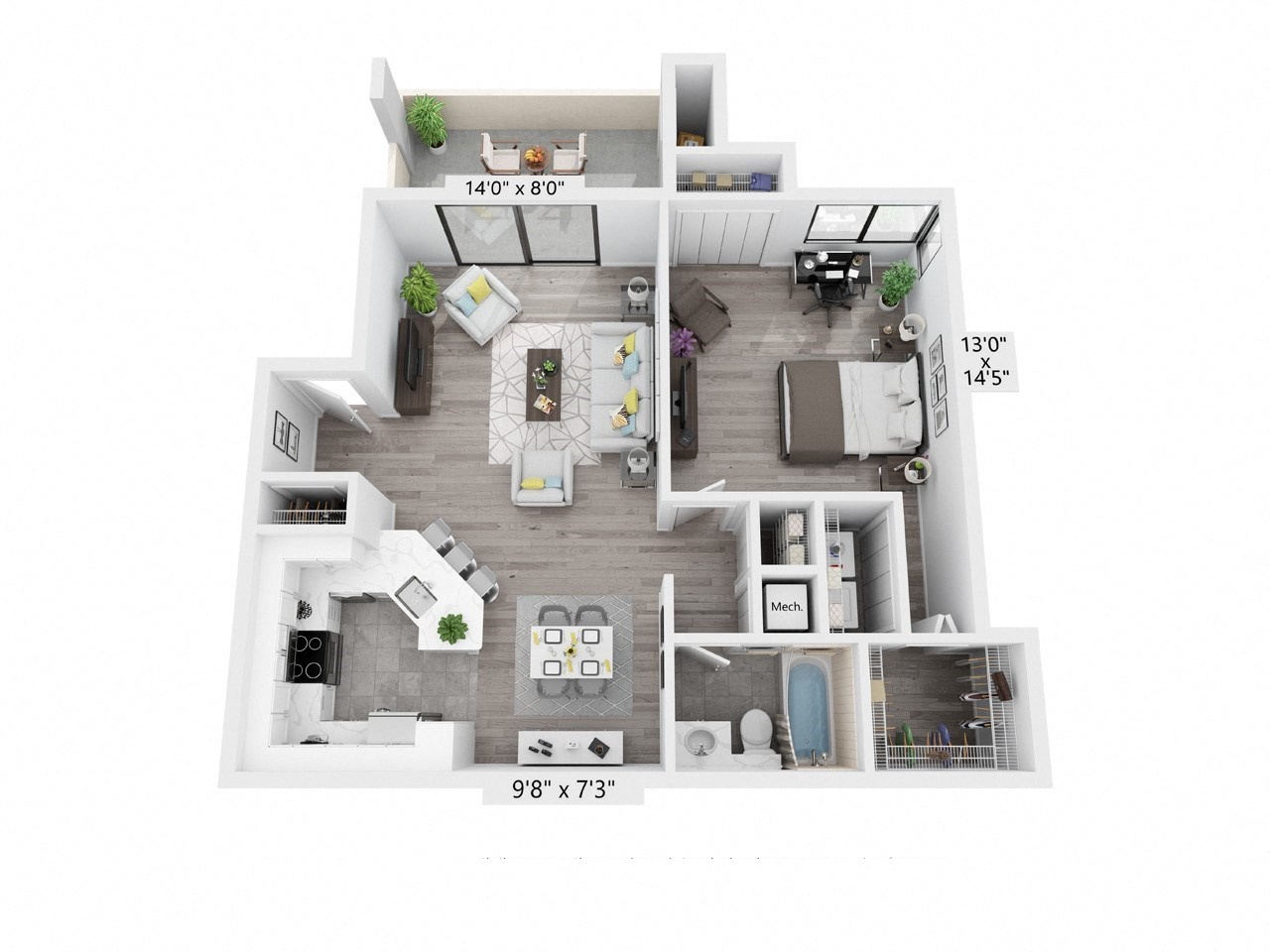 Floor plan for 1 bed, 1 bath, 976 sqft